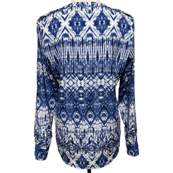 Calvin Klein Kaleidoscope Tie Dye Split Neck Button Down Blouse Small Blue White - Picture 2 of 5